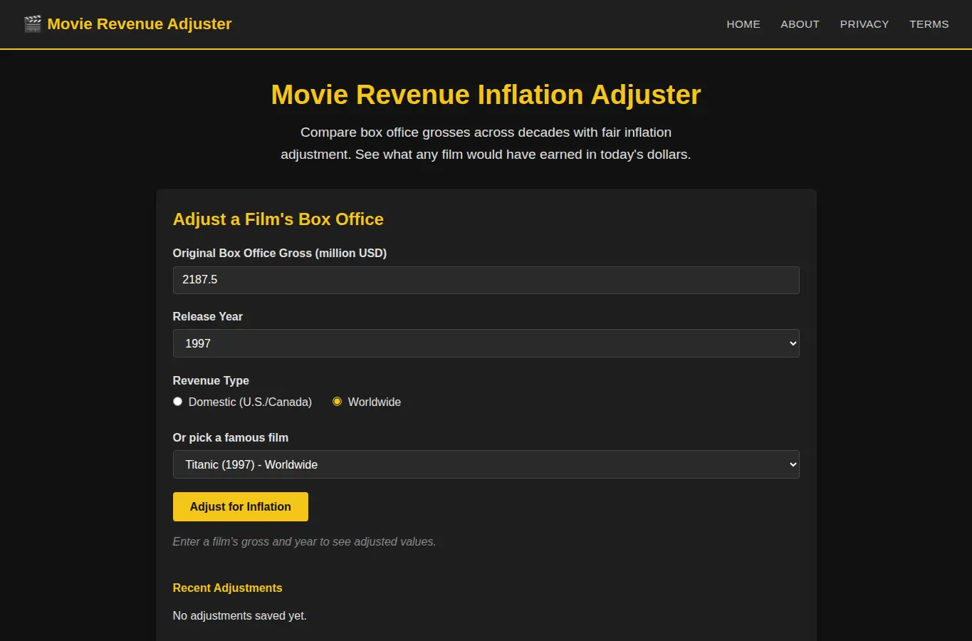 Screenshot of Movie Revenue Inflation Adjuster interface showing the project page in use